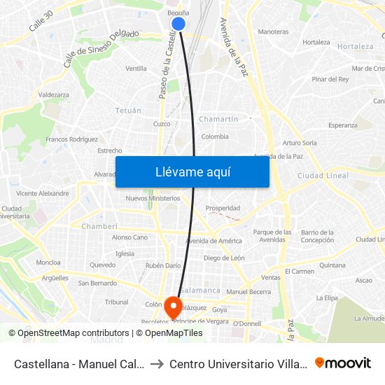 Castellana - Manuel Caldeiro to Centro Universitario Villanueva map