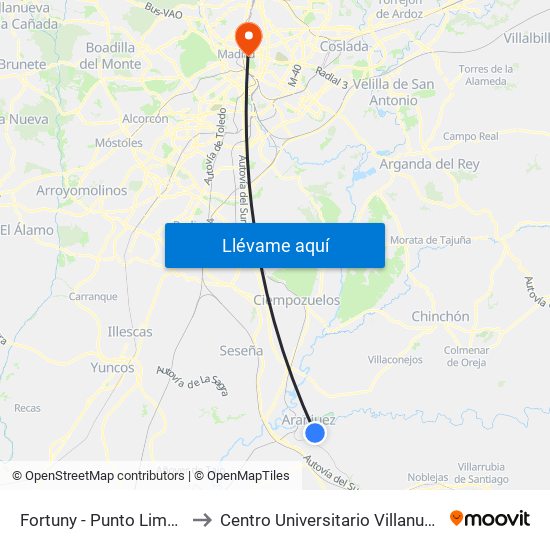 Fortuny - Punto Limpio to Centro Universitario Villanueva map