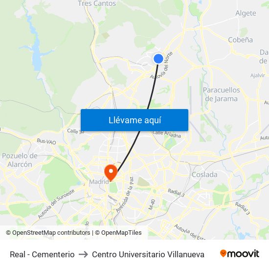 Real - Cementerio to Centro Universitario Villanueva map