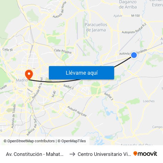 Av. Constitución - Mahatma Gandhi to Centro Universitario Villanueva map