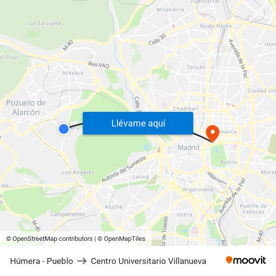 Húmera - Pueblo to Centro Universitario Villanueva map