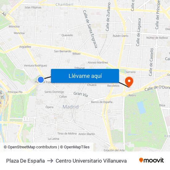 Plaza De España to Centro Universitario Villanueva map