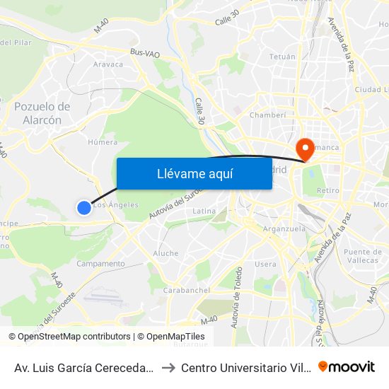 Av. Luis García Cereceda - Siroco to Centro Universitario Villanueva map