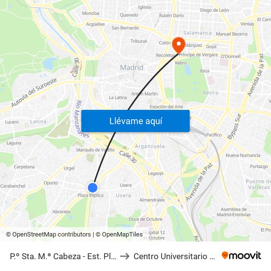 P.º Sta. M.ª Cabeza - Est. Plaza Elíptica to Centro Universitario Villanueva map