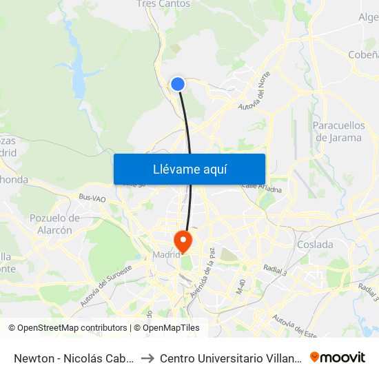 Newton - Nicolás Cabrera to Centro Universitario Villanueva map