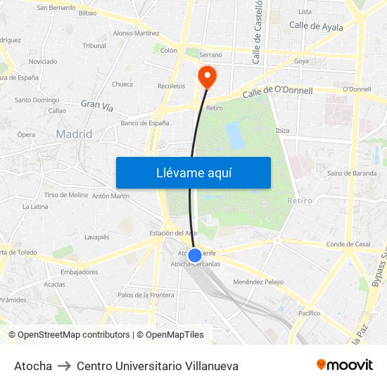 Atocha to Centro Universitario Villanueva map