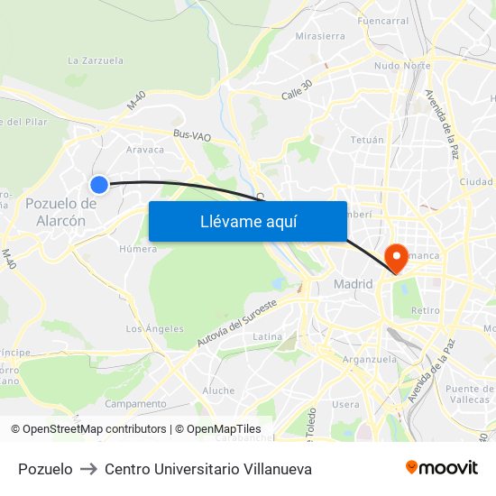 Pozuelo to Centro Universitario Villanueva map