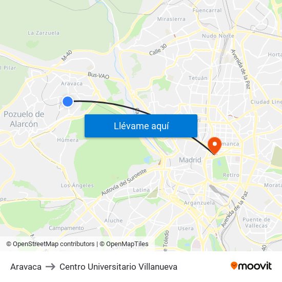 Aravaca to Centro Universitario Villanueva map