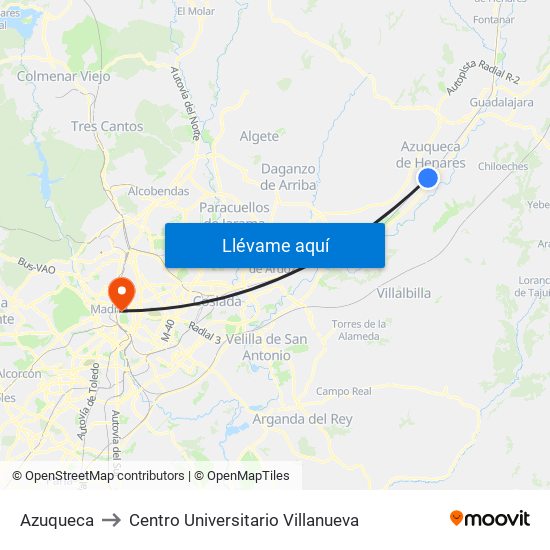 Azuqueca to Centro Universitario Villanueva map