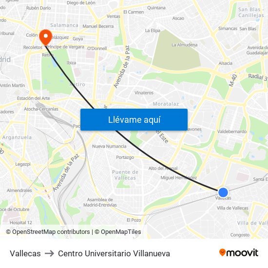 Vallecas to Centro Universitario Villanueva map