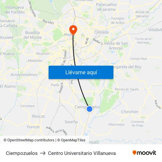 Ciempozuelos to Centro Universitario Villanueva map