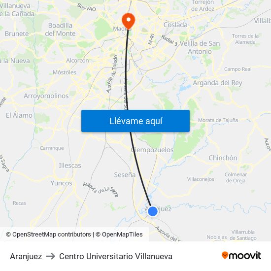 Aranjuez to Centro Universitario Villanueva map