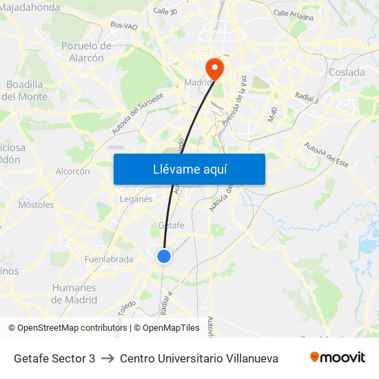 Getafe Sector 3 to Centro Universitario Villanueva map