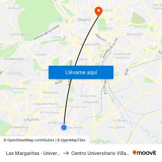 Las Margaritas - Universidad to Centro Universitario Villanueva map
