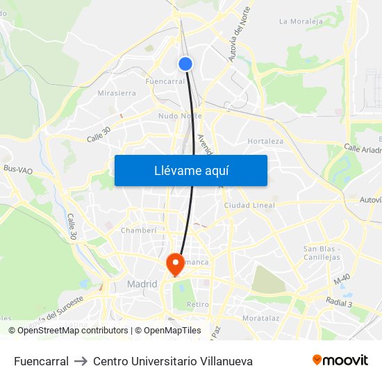 Fuencarral to Centro Universitario Villanueva map