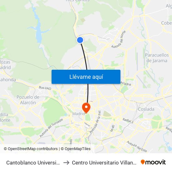 Cantoblanco Universidad to Centro Universitario Villanueva map
