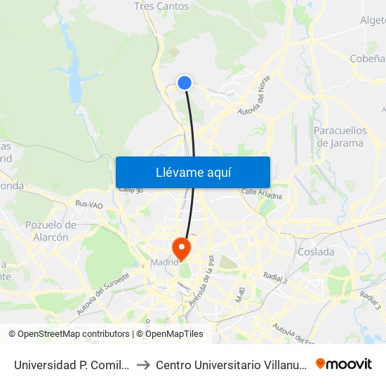 Universidad P. Comillas to Centro Universitario Villanueva map