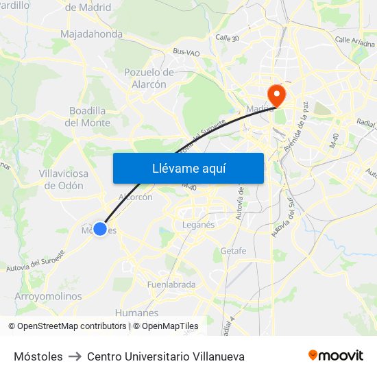Móstoles to Centro Universitario Villanueva map