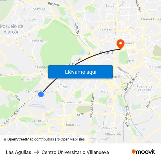 Las Águilas to Centro Universitario Villanueva map