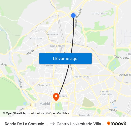 Ronda De La Comunicación to Centro Universitario Villanueva map