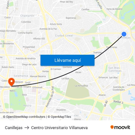 Canillejas to Centro Universitario Villanueva map