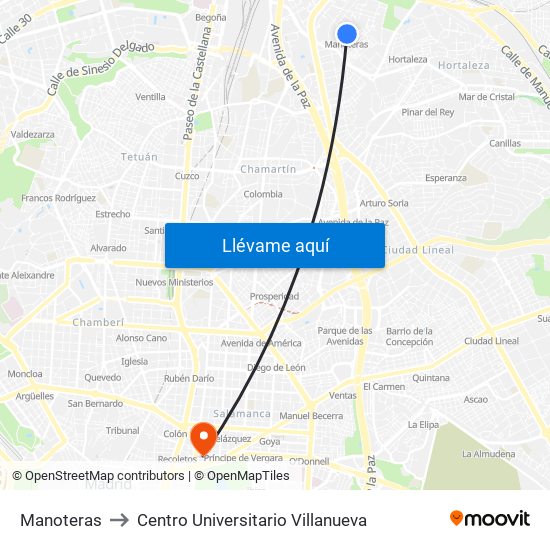 Manoteras to Centro Universitario Villanueva map