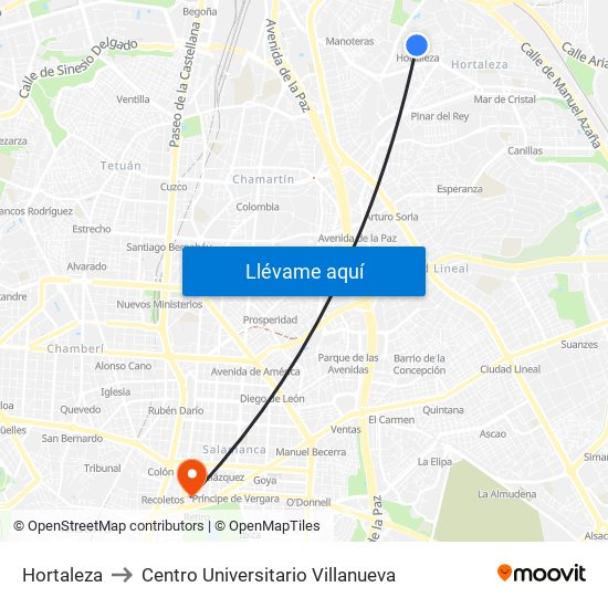 Hortaleza to Centro Universitario Villanueva map