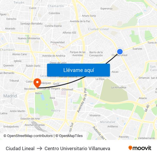 Ciudad Lineal to Centro Universitario Villanueva map