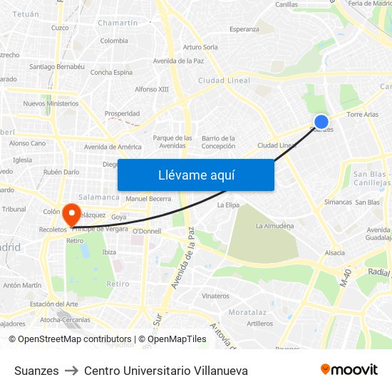 Suanzes to Centro Universitario Villanueva map