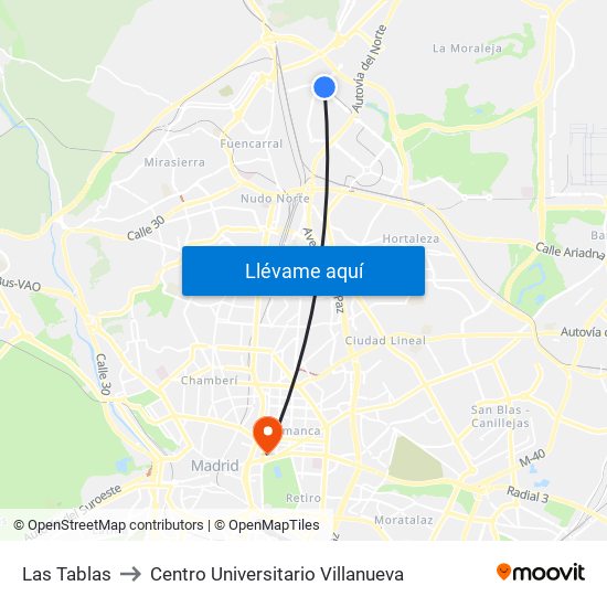 Las Tablas to Centro Universitario Villanueva map