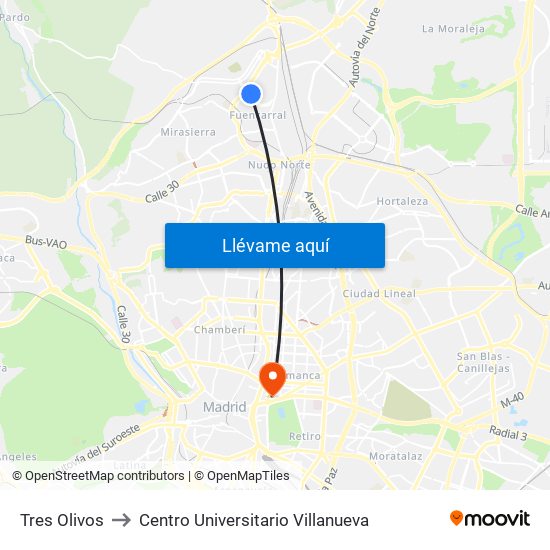 Tres Olivos to Centro Universitario Villanueva map