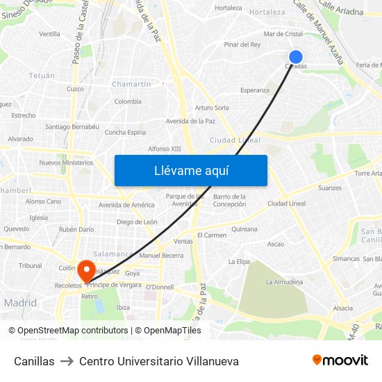 Canillas to Centro Universitario Villanueva map
