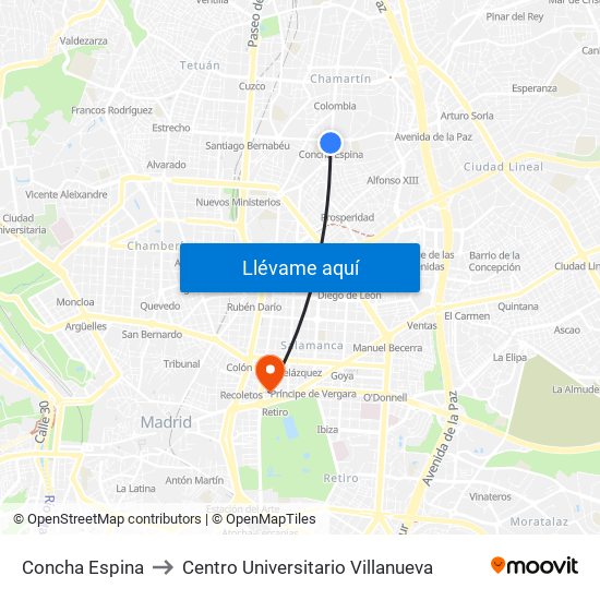 Concha Espina to Centro Universitario Villanueva map