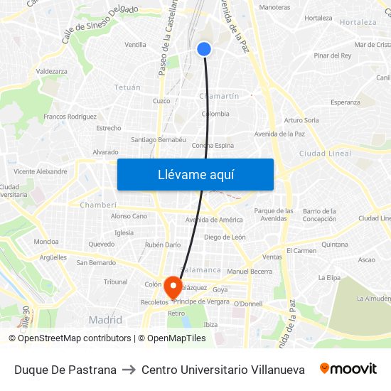 Duque De Pastrana to Centro Universitario Villanueva map