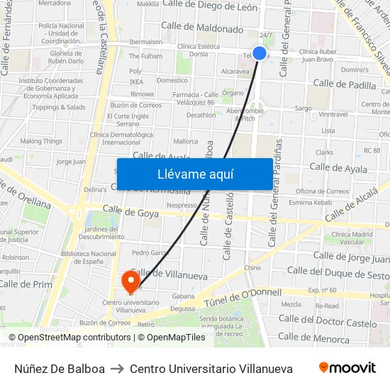 Núñez De Balboa to Centro Universitario Villanueva map