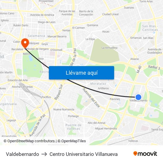 Valdebernardo to Centro Universitario Villanueva map