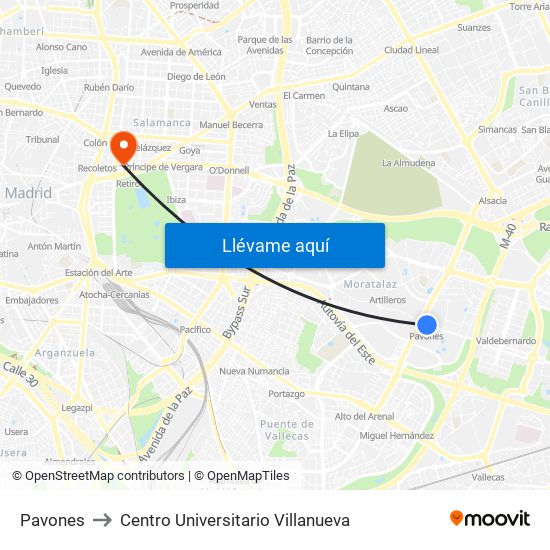 Pavones to Centro Universitario Villanueva map