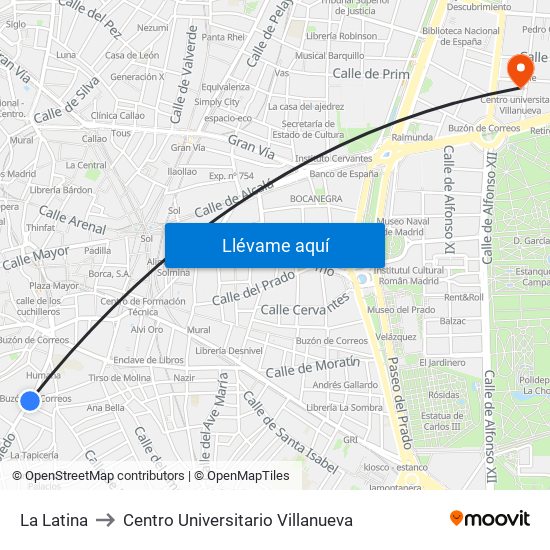 La Latina to Centro Universitario Villanueva map