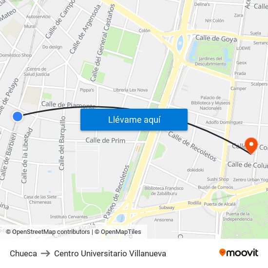 Chueca to Centro Universitario Villanueva map