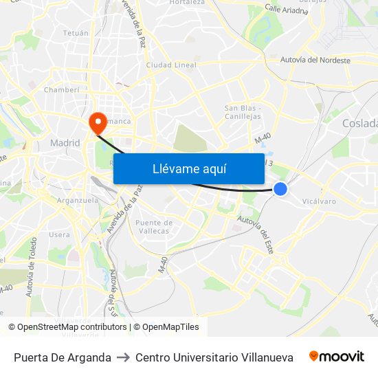 Puerta De Arganda to Centro Universitario Villanueva map
