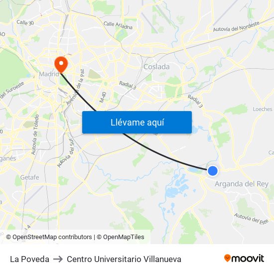 La Poveda to Centro Universitario Villanueva map