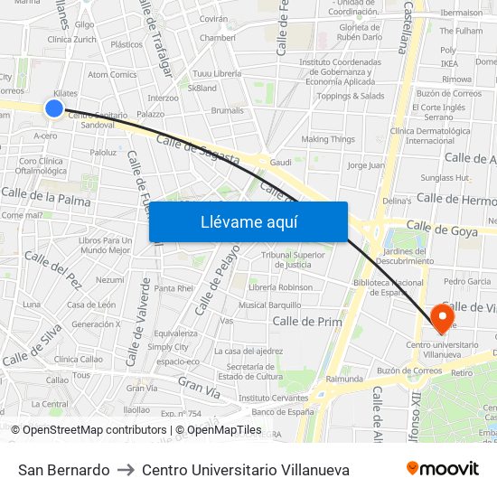 San Bernardo to Centro Universitario Villanueva map