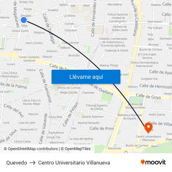 Quevedo to Centro Universitario Villanueva map