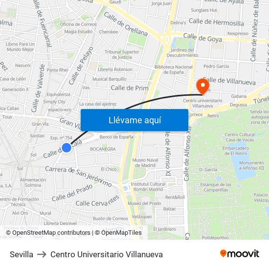 Sevilla to Centro Universitario Villanueva map