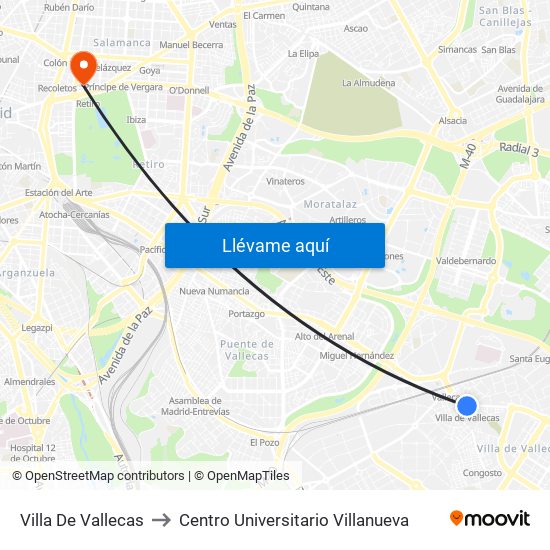 Villa De Vallecas to Centro Universitario Villanueva map