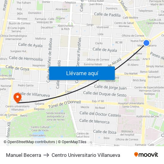 Manuel Becerra to Centro Universitario Villanueva map