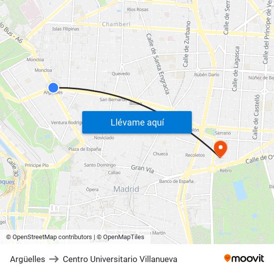 Argüelles to Centro Universitario Villanueva map