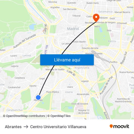 Abrantes to Centro Universitario Villanueva map