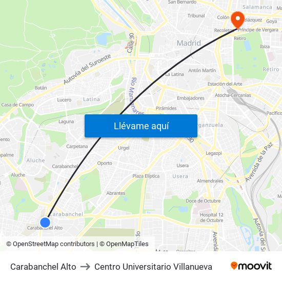 Carabanchel Alto to Centro Universitario Villanueva map