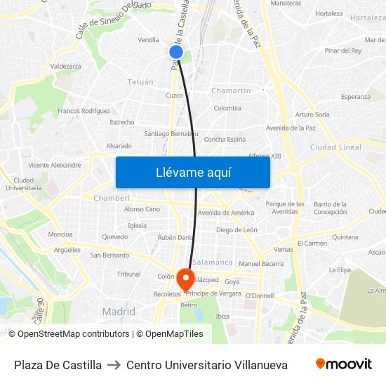 Plaza De Castilla to Centro Universitario Villanueva map
